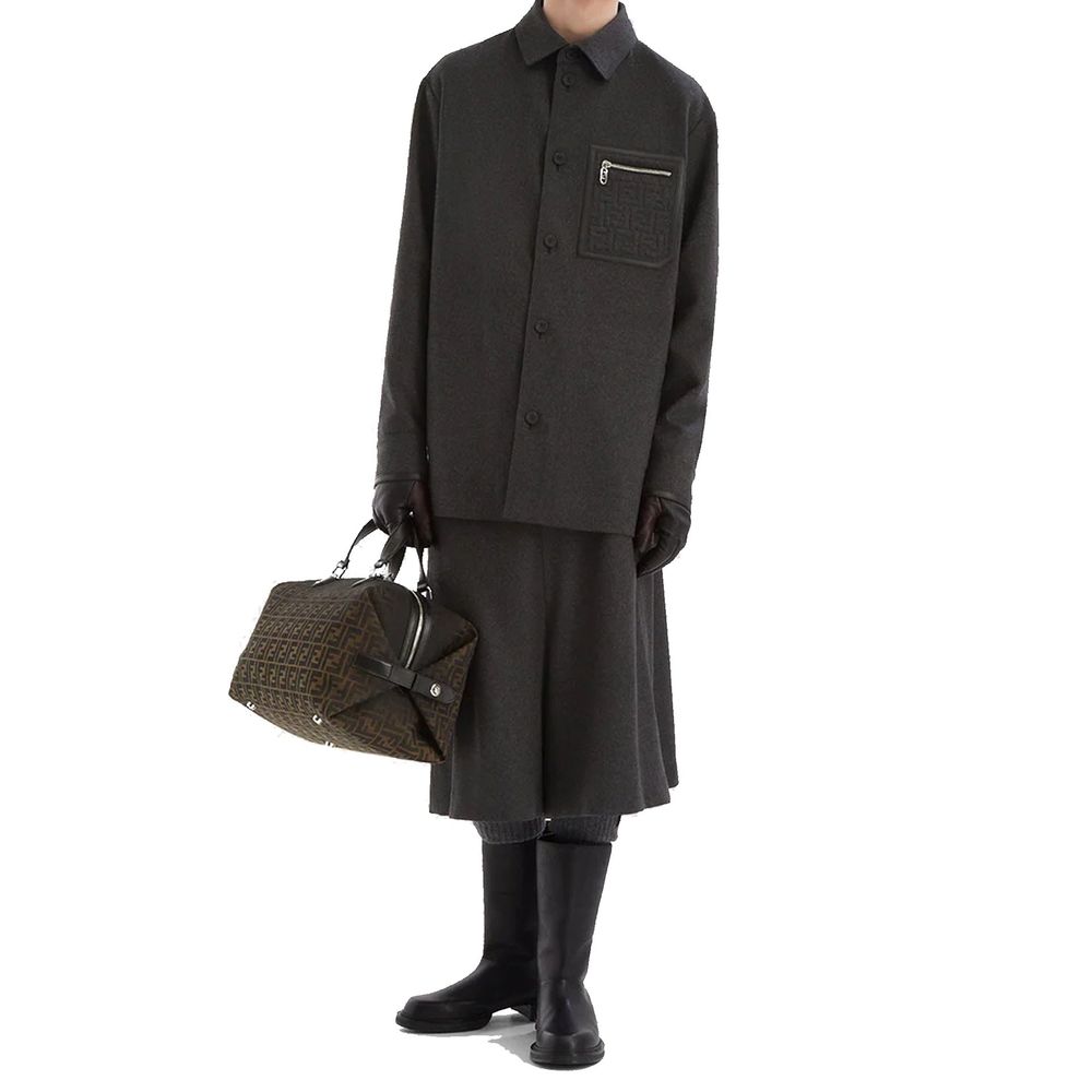 Gray Cashmere Coat with Leather Trim