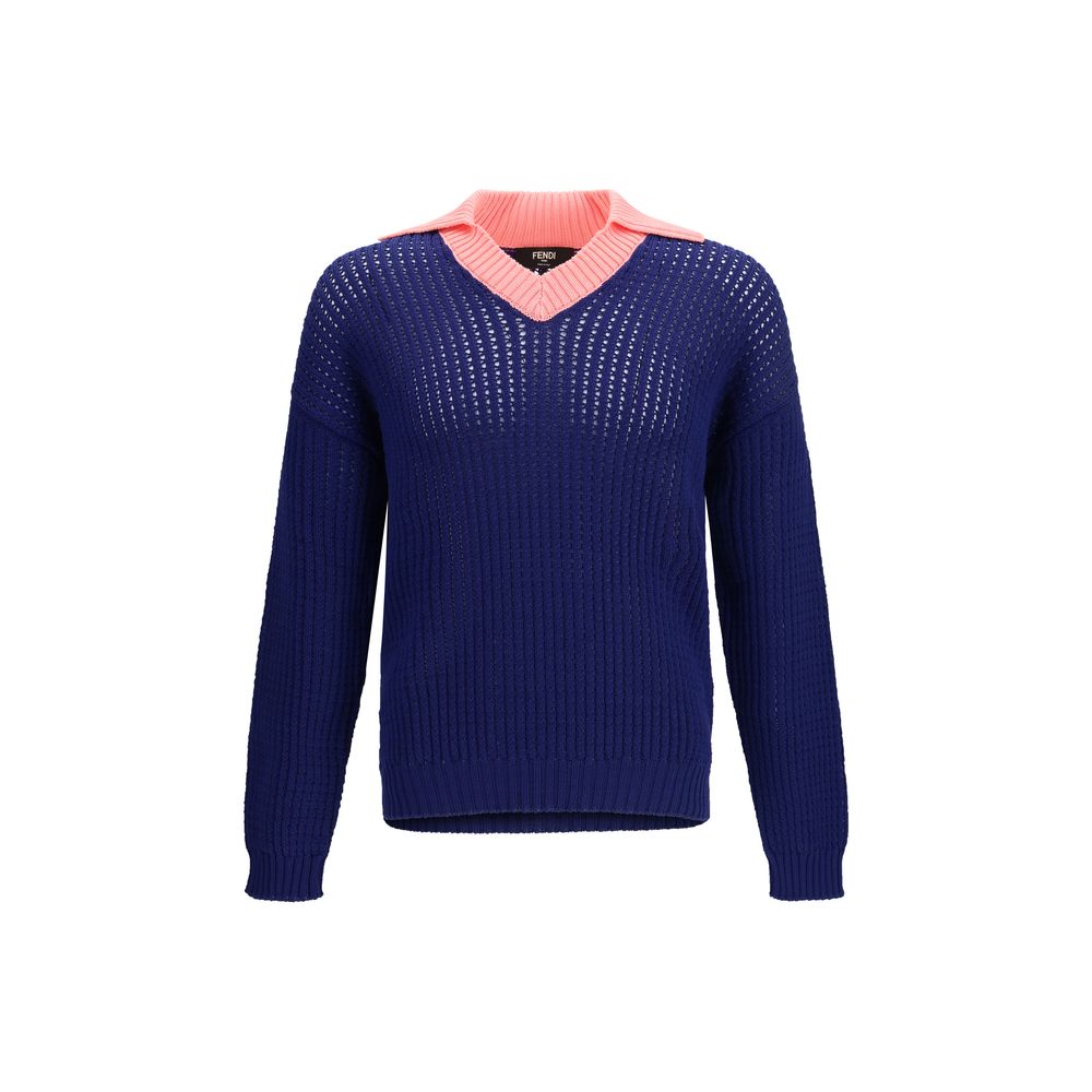 Blauer Baumwoll-V-Neck-Pullover mit FF-Motiv