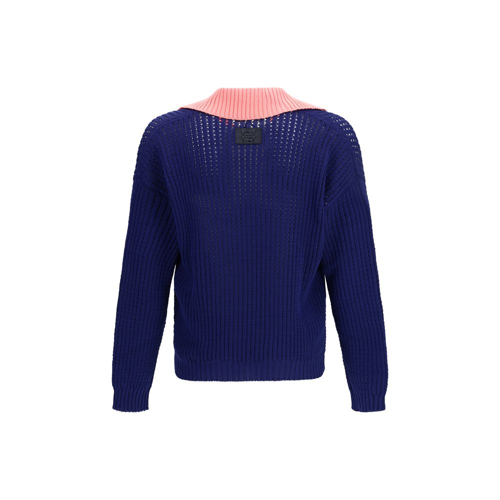 Blauer Baumwoll-V-Neck-Pullover mit FF-Motiv