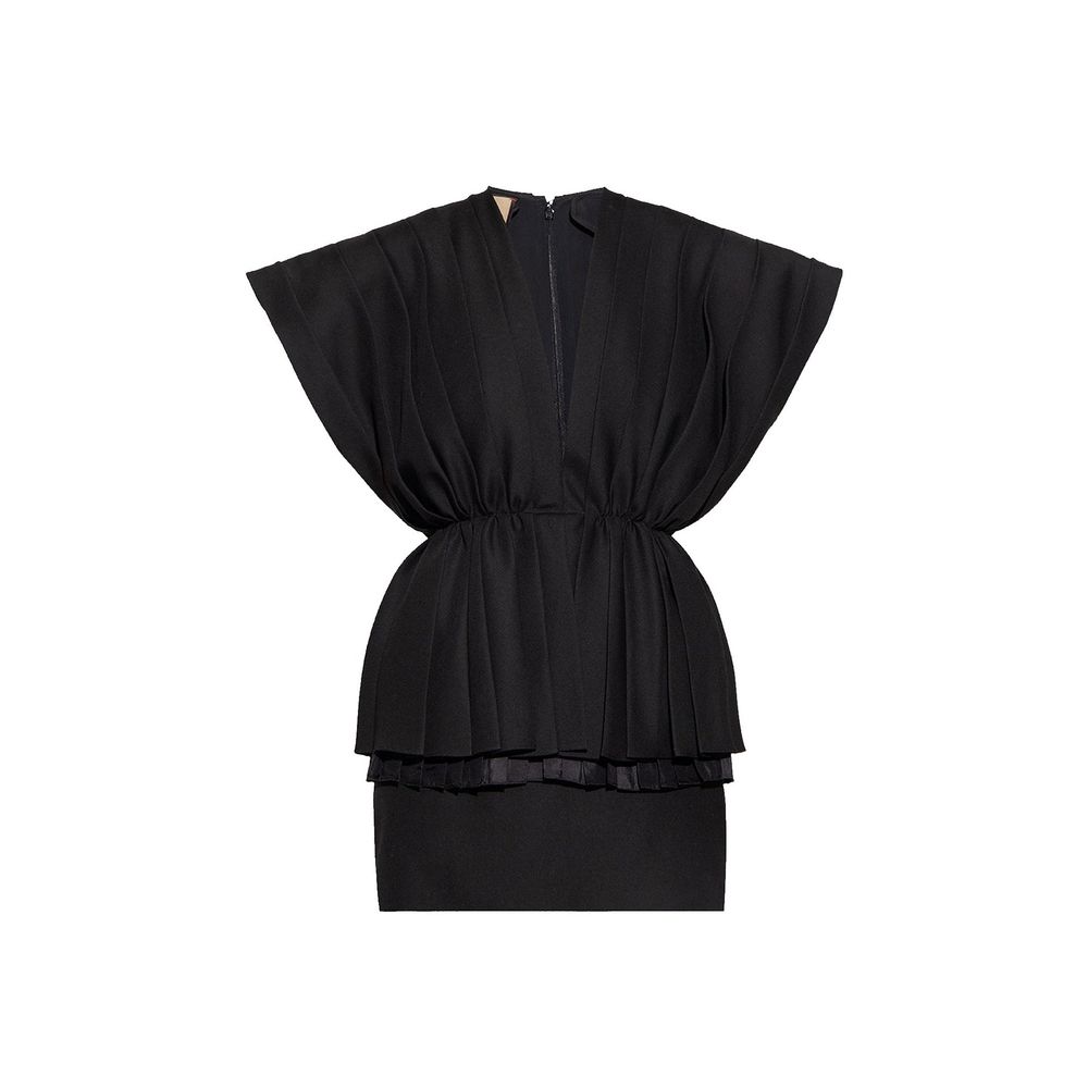Schwarzes Wollkleid mit elastischer Taille und Taschen