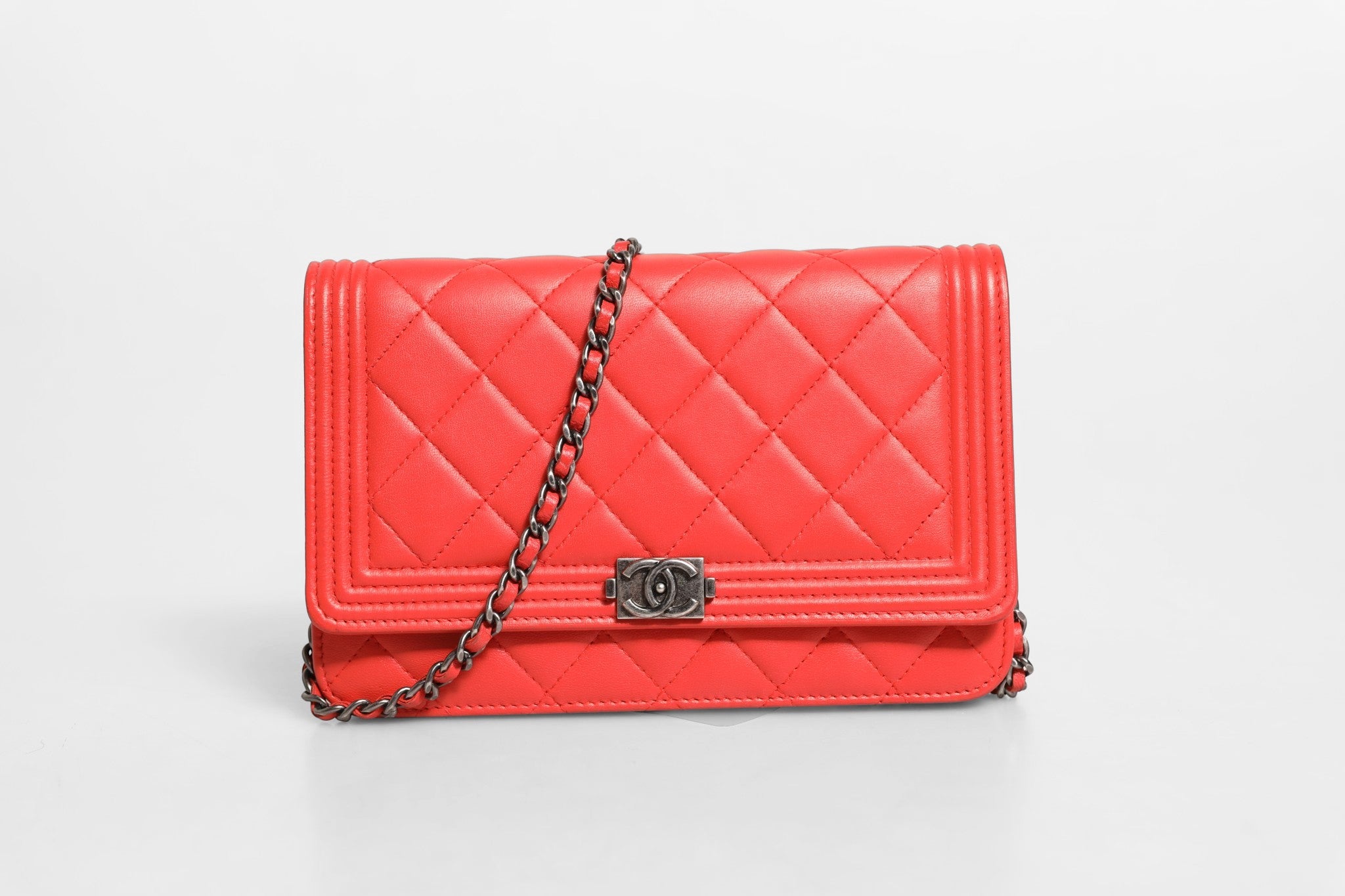Red Chanel Boy Wallet on Chain Leather