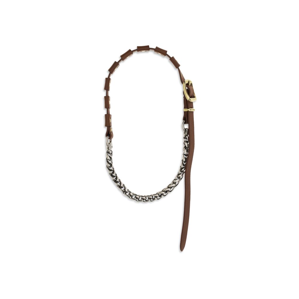 Brown Leather Necklace with Buckle and Silver Chain