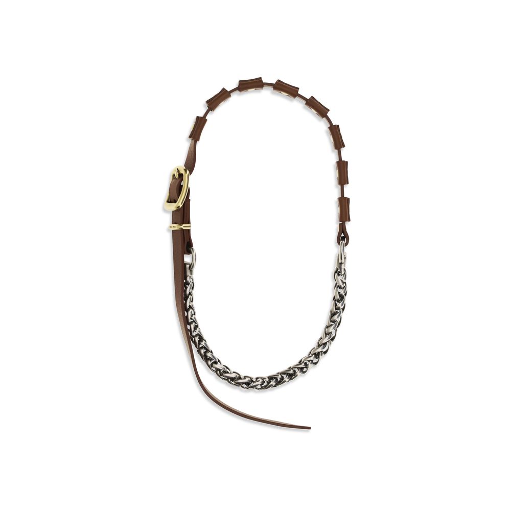 Brown Leather Necklace with Buckle and Silver Chain