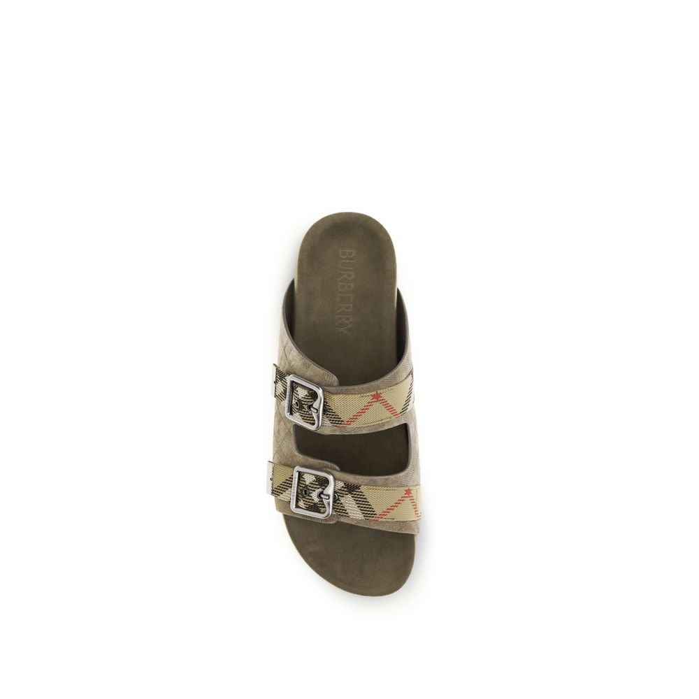 Beige Leather Flat Sandals with Burberry Check Detail
