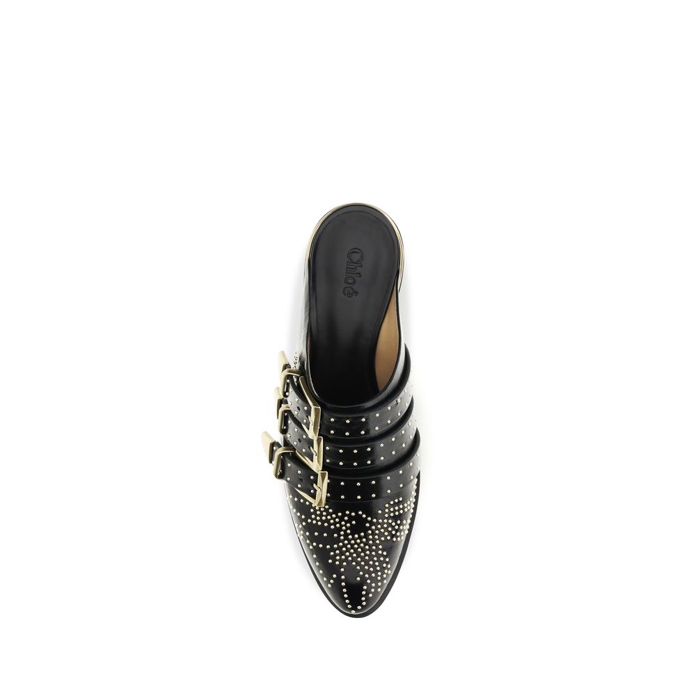 Black Leather Mules with Studded Upper and Triple Straps