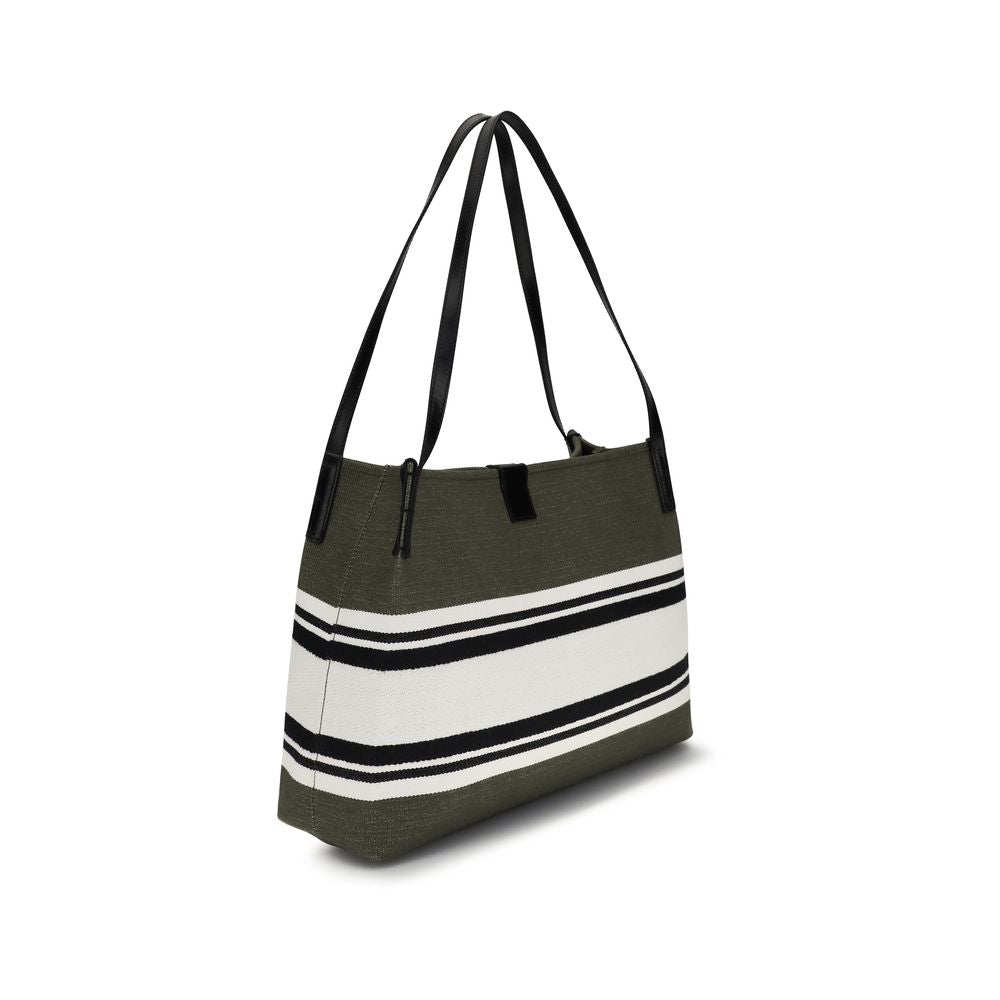 Black Leather and Cotton Shoulder Tote Bag