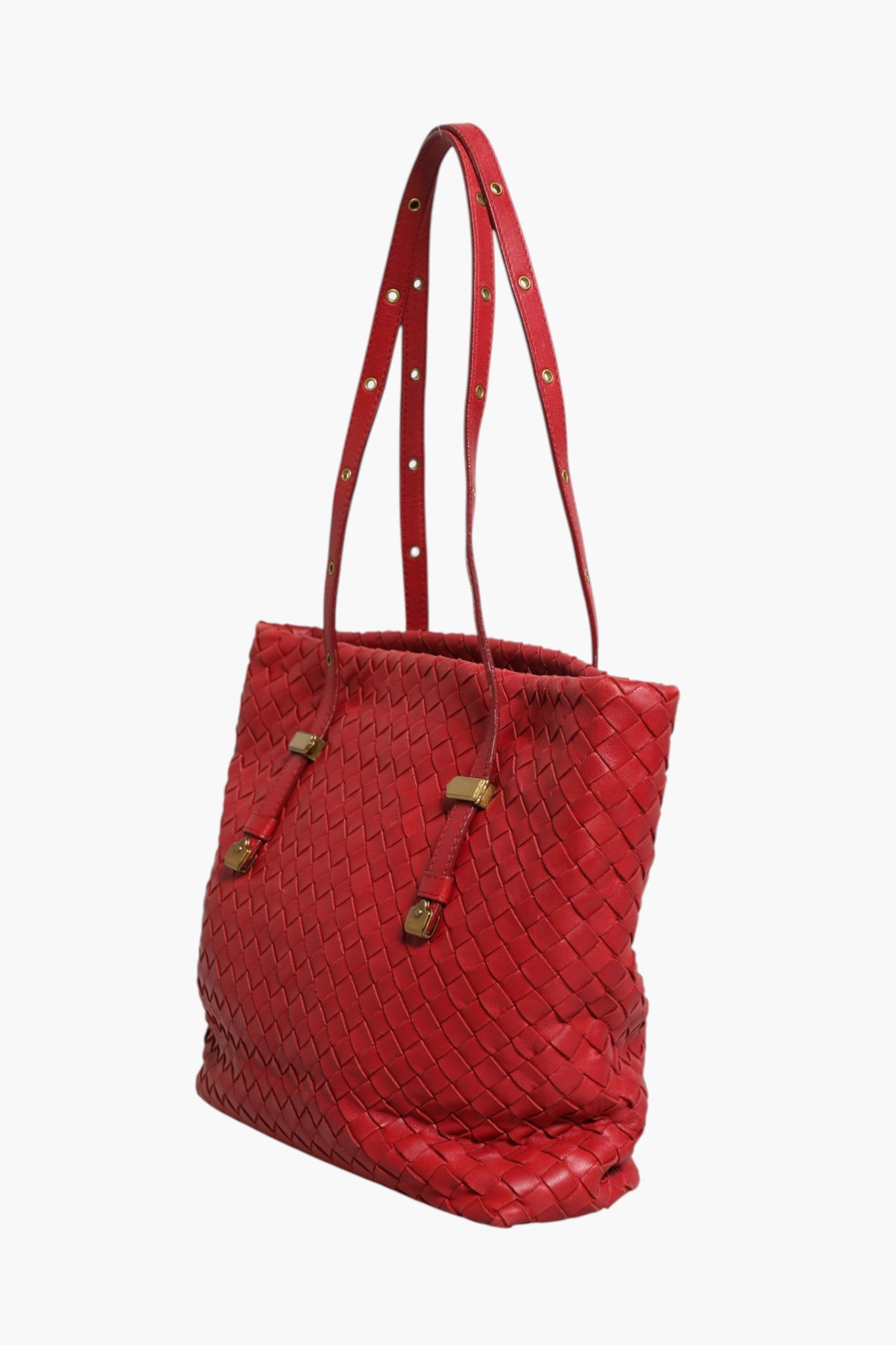 Red Leather Intrecciato Tote Bag