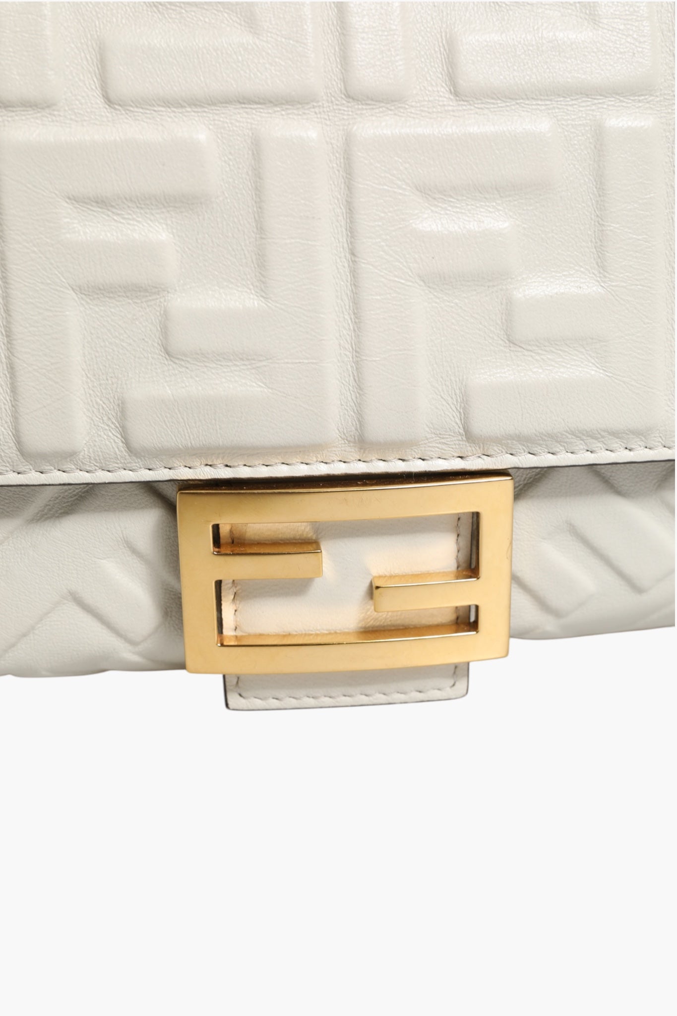 White FF Embossed Baguette Leather Bag with Strap