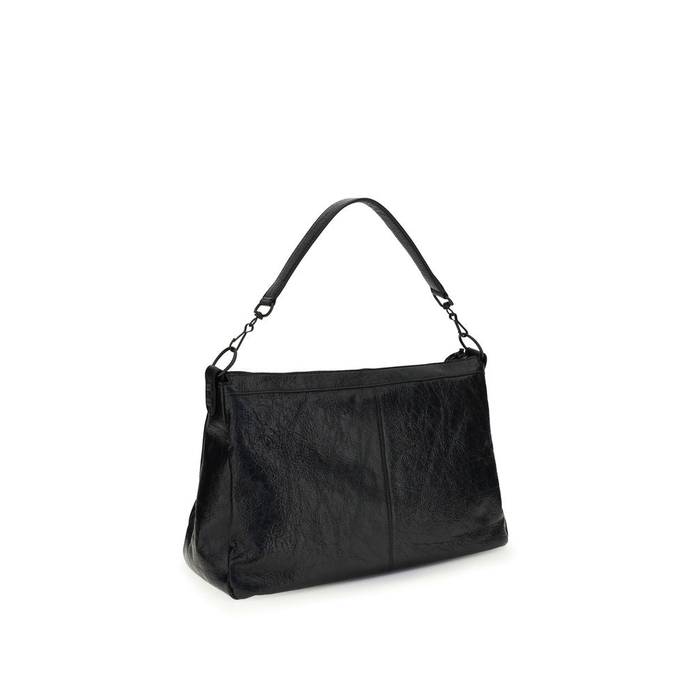 Black Leather Shoulder Bag with Adjustable Strap