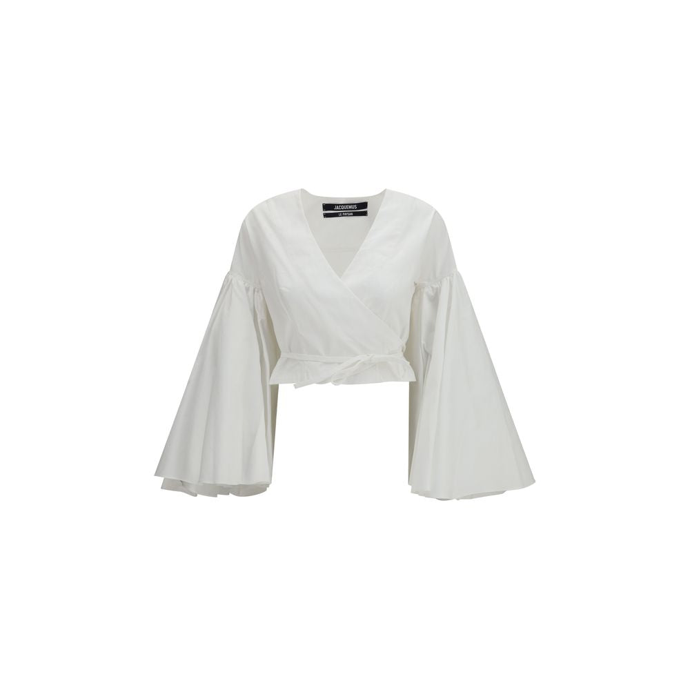 White Cotton Wrap Shirt with Flared Sleeves