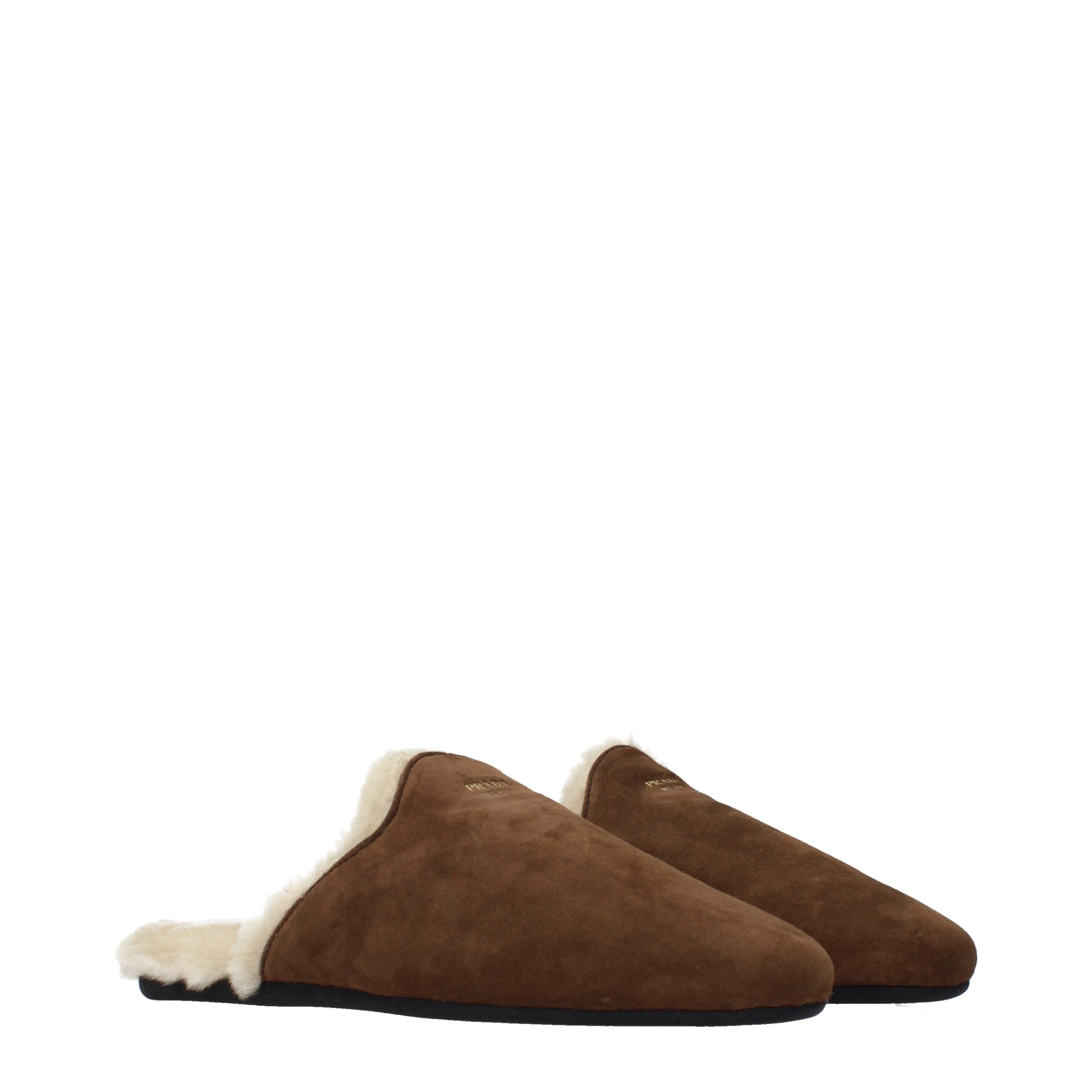 Brown Leather Slippers with Fur Lining by Prada