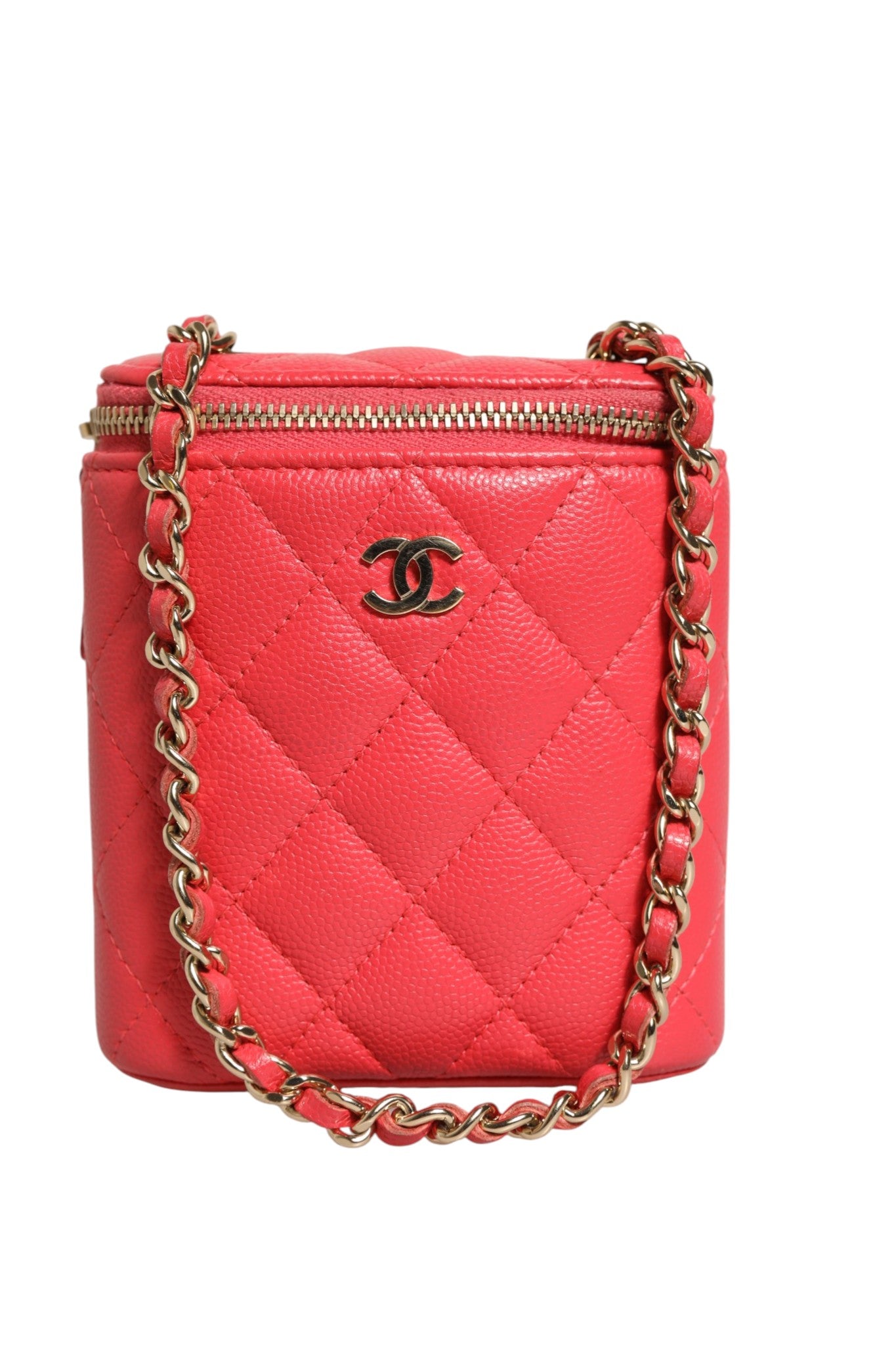 Red Quilted Small Vertical Coco Beauty Vanity Case with Chain
