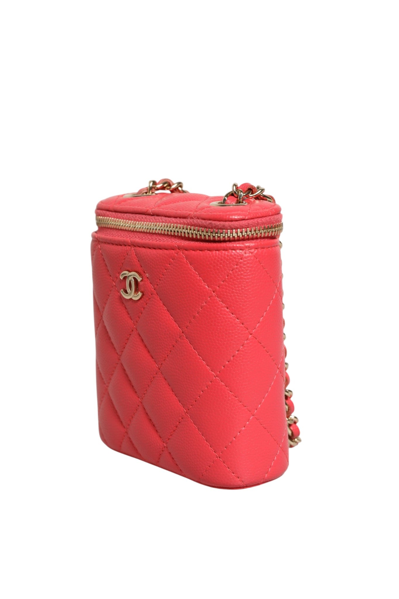 Chanel Rote Caviar Gesteppte Kleine Vertikale Coco Beauty Vanity Case mit Kette