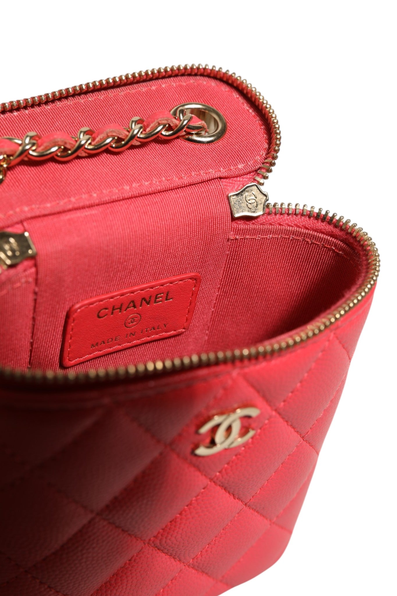 Chanel Rote Caviar Gesteppte Kleine Vertikale Coco Beauty Vanity Case mit Kette