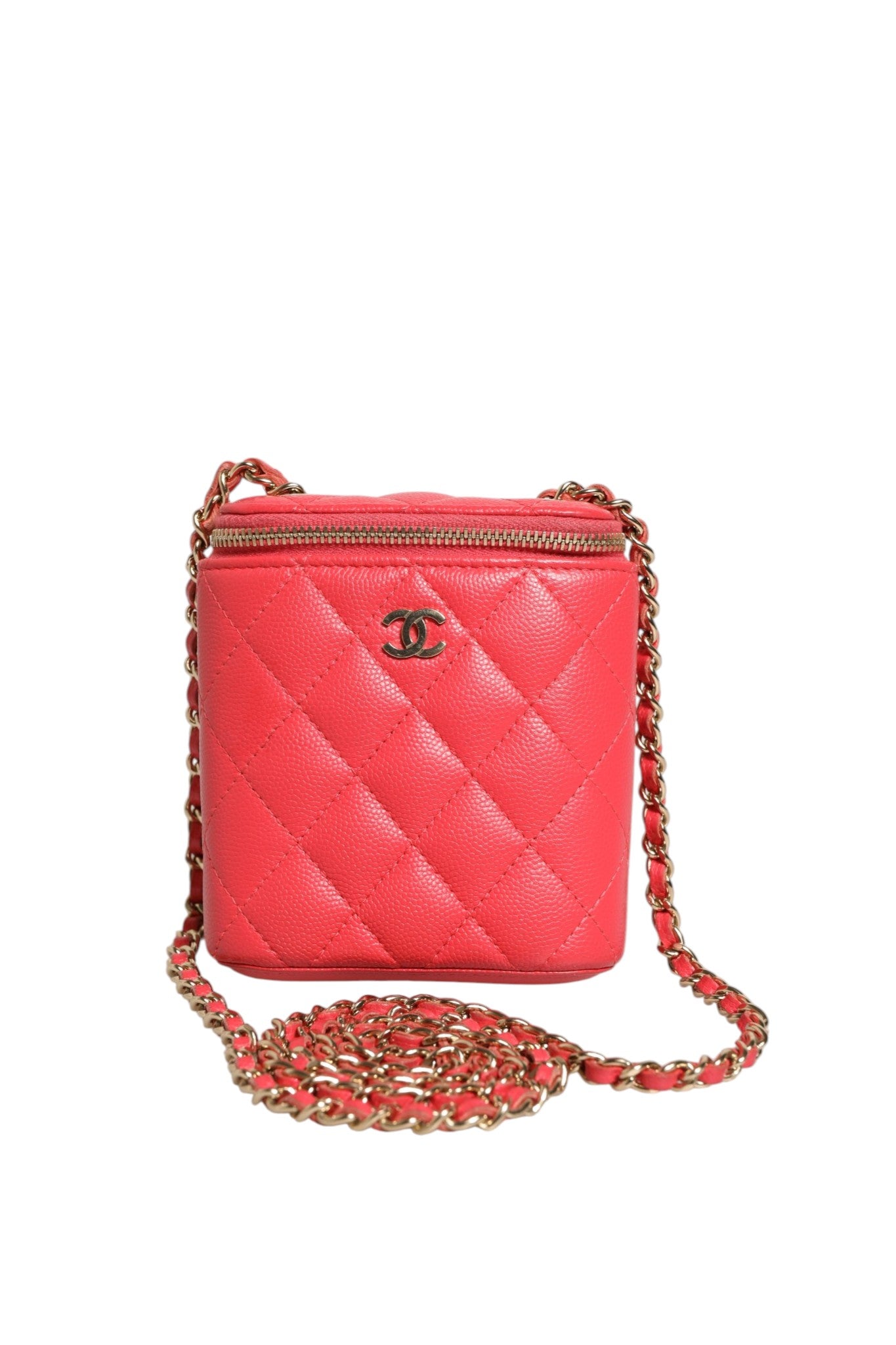 Chanel Rote Caviar Gesteppte Kleine Vertikale Coco Beauty Vanity Case mit Kette