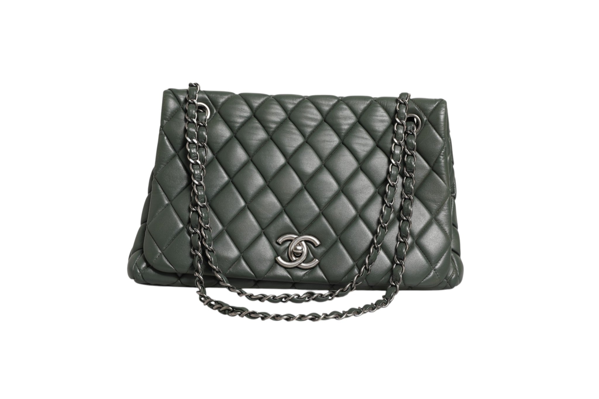 Green Quilted Lambskin Leather Bubble Flap Bag