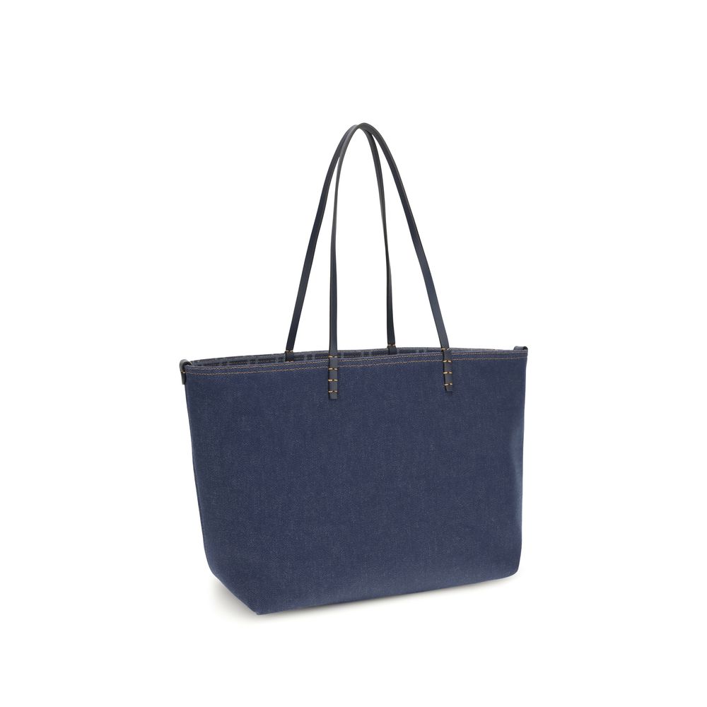 Blaue Baumwolltragetasche mit Lederhenkeln