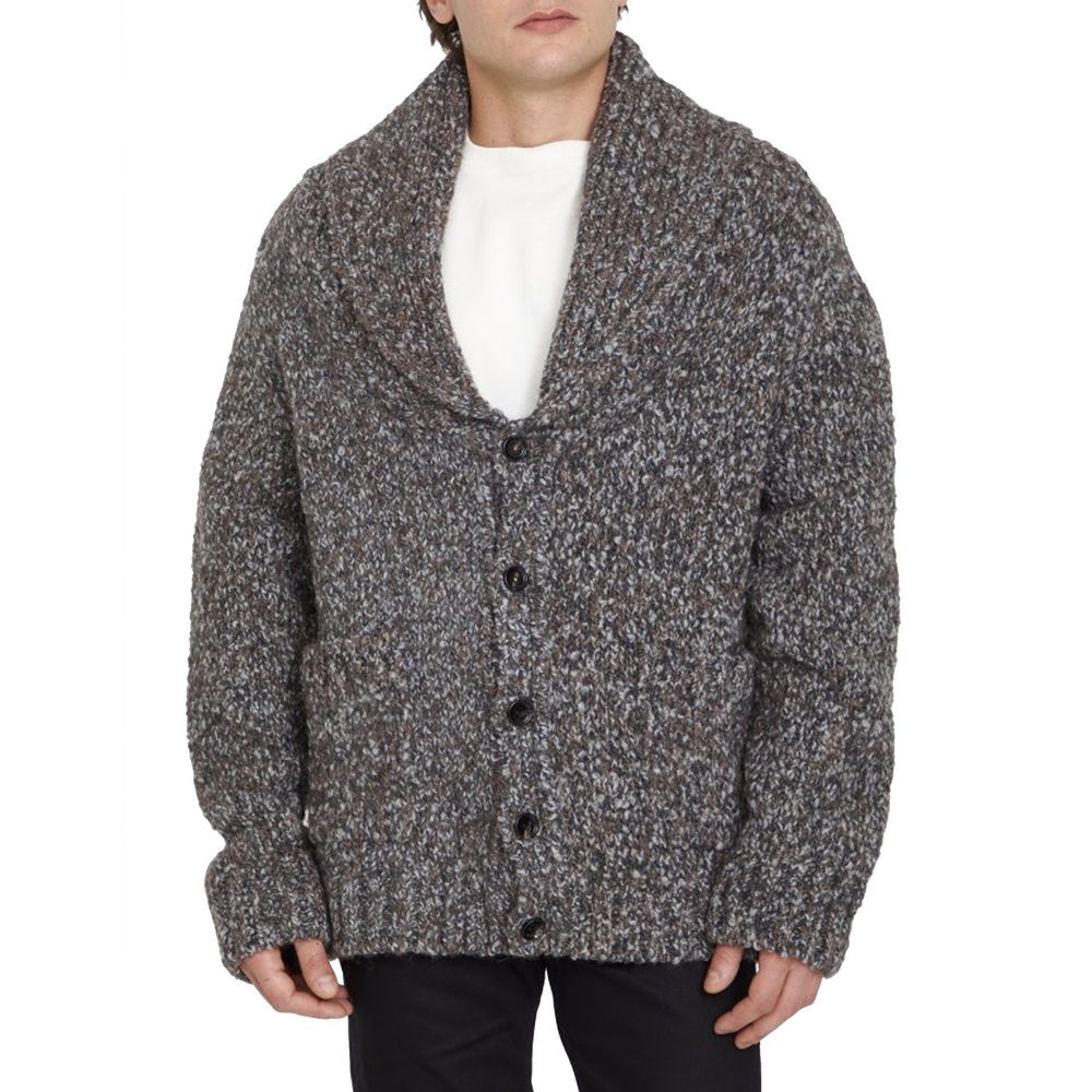 Gray Wool Leather Cardigan with Button Closure