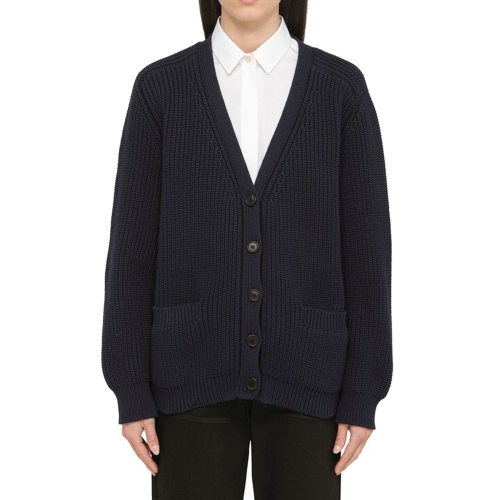 Blaue Baumwollstrickjacke mit Knöpfen vorne