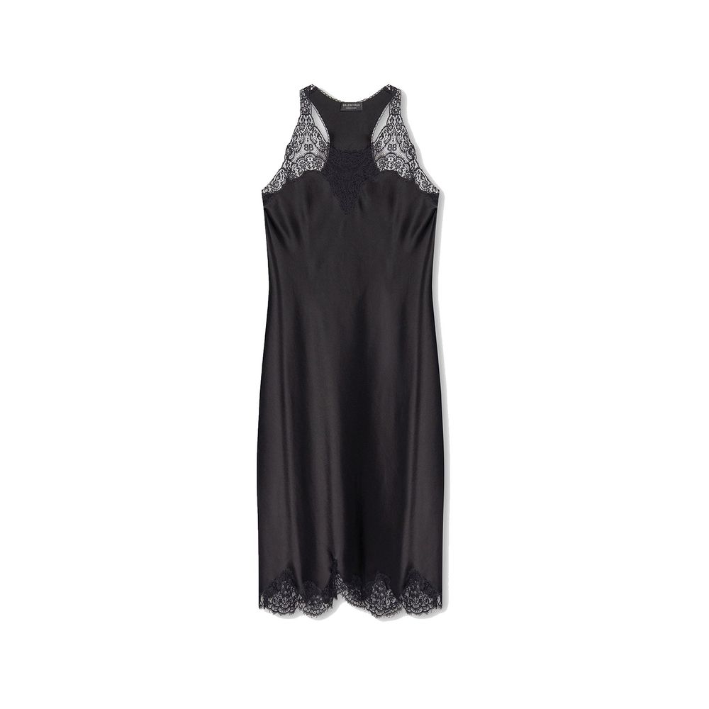 Schwarzes, lässiges Synthetik-Kleid mit Spitzenborte