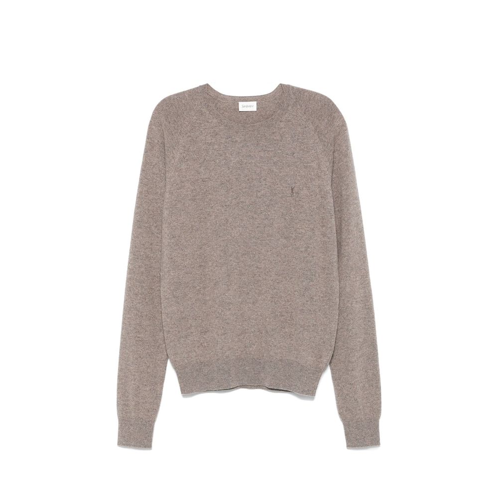 Taupe Wool Sweater with Logo Embroidery
