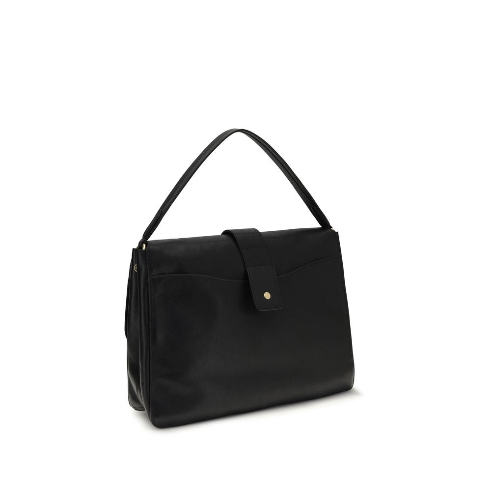 Black Leather Handbag with Top Handle and Strap