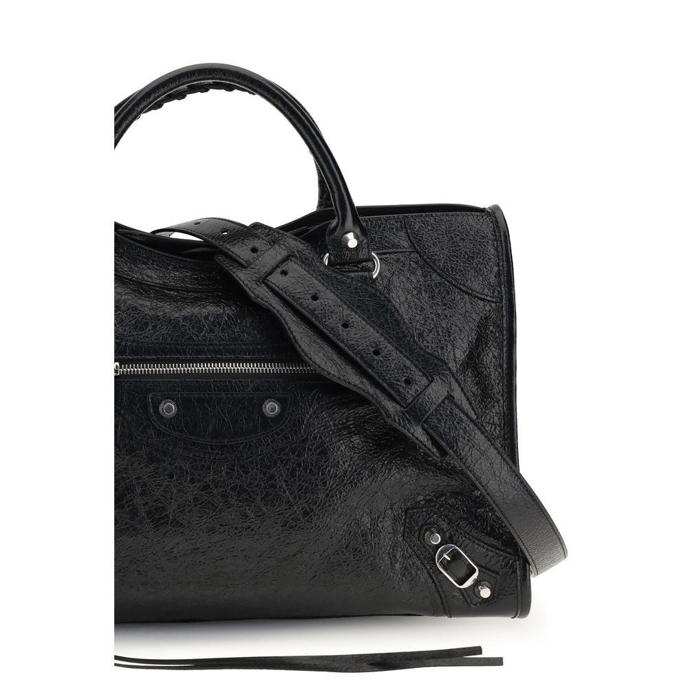 Black Leather Shoulder Bag with Braided Handles