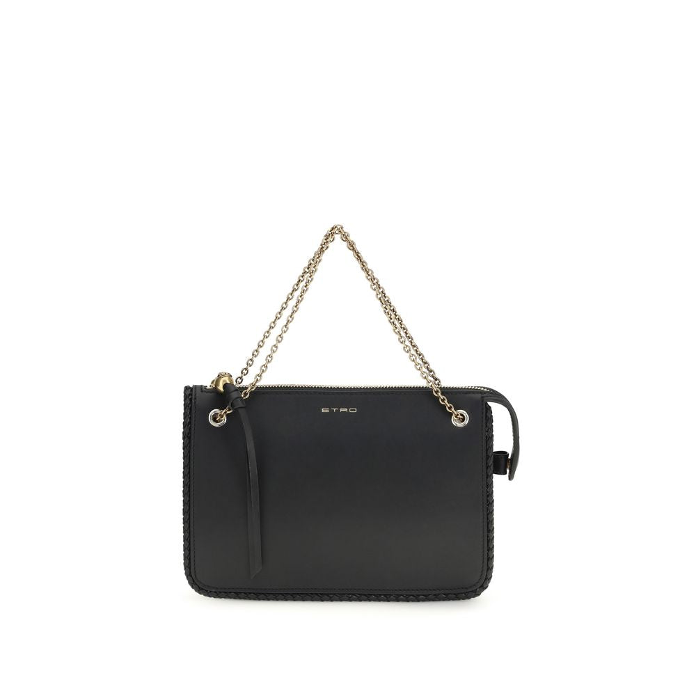 Schwarze Lederclutch mit Metallnetzgriff