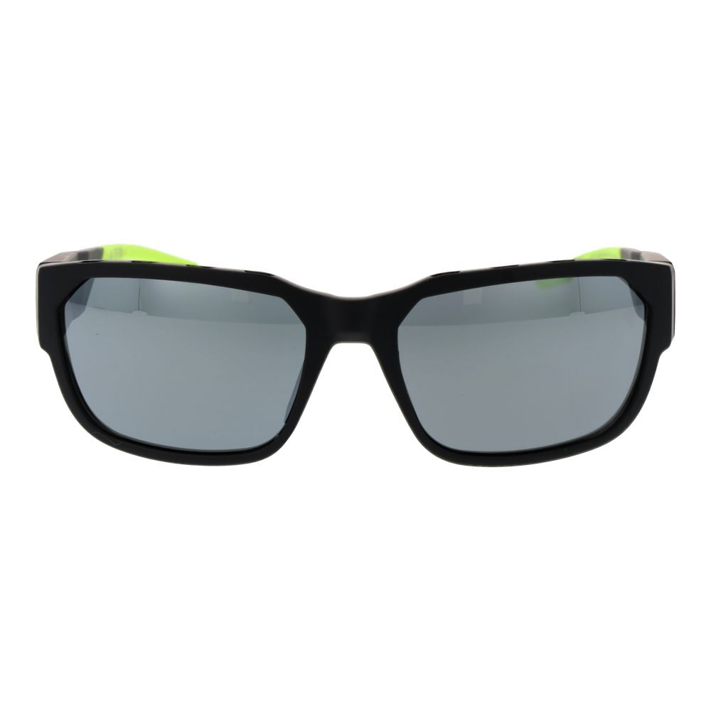 Schwarze synthetische Sonnenbrille mit verspiegelten silbernen Gläsern