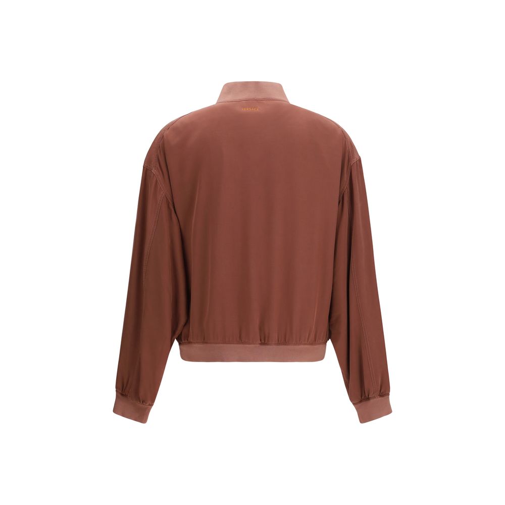 Bordeauxfarbene Seidenbomberjacke mit geripptem Kragen