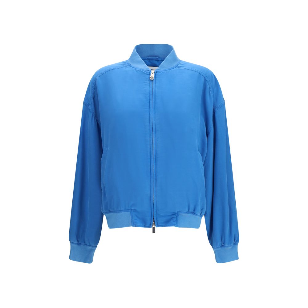 Blaue Seiden-Bomberjacke mit Reißverschluss