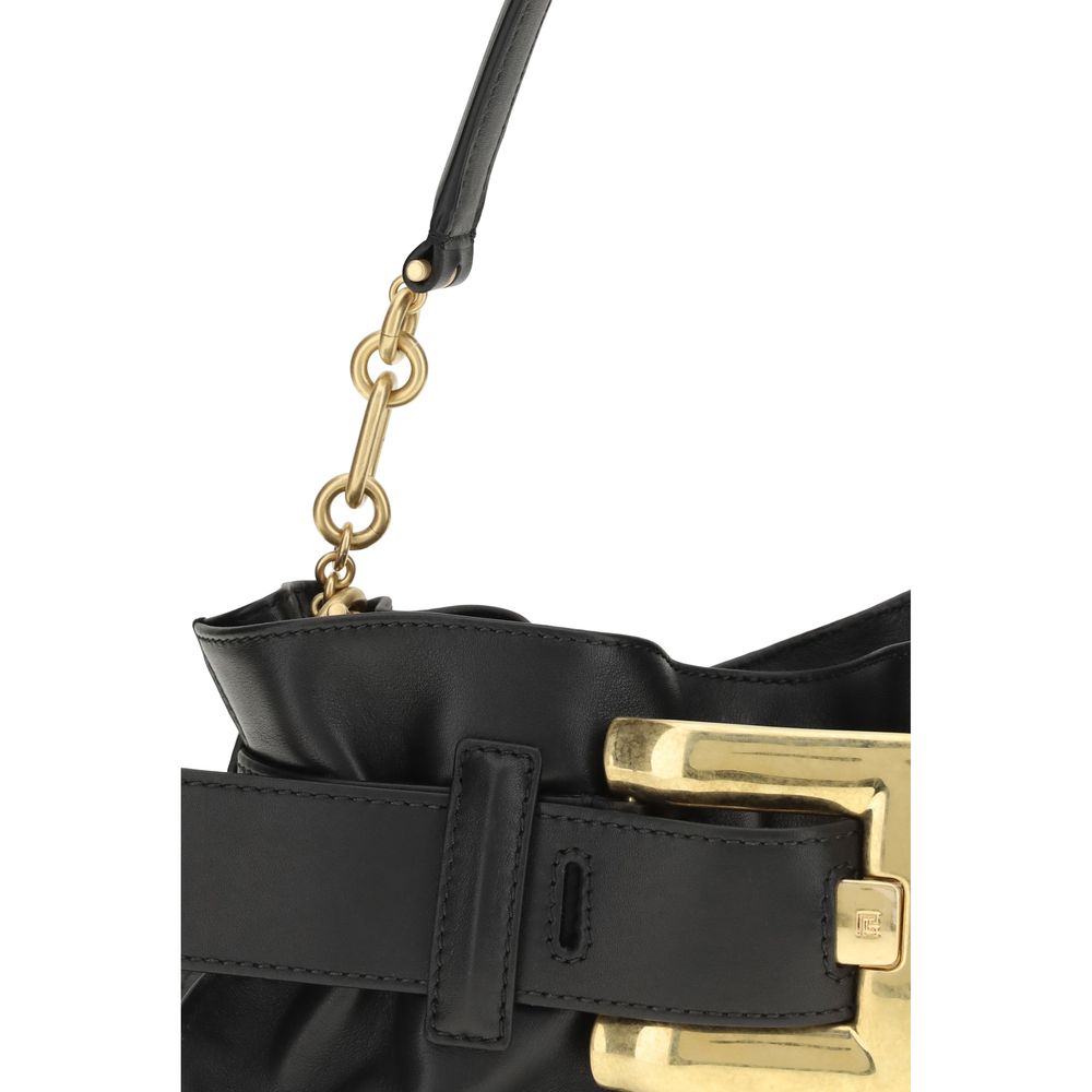 Black Leather Mini Shoulder Bag with Belt Detail