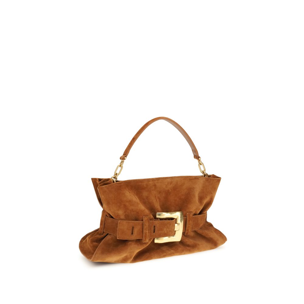 Brown Leather Calfskin Handbag with Buckle Detail
