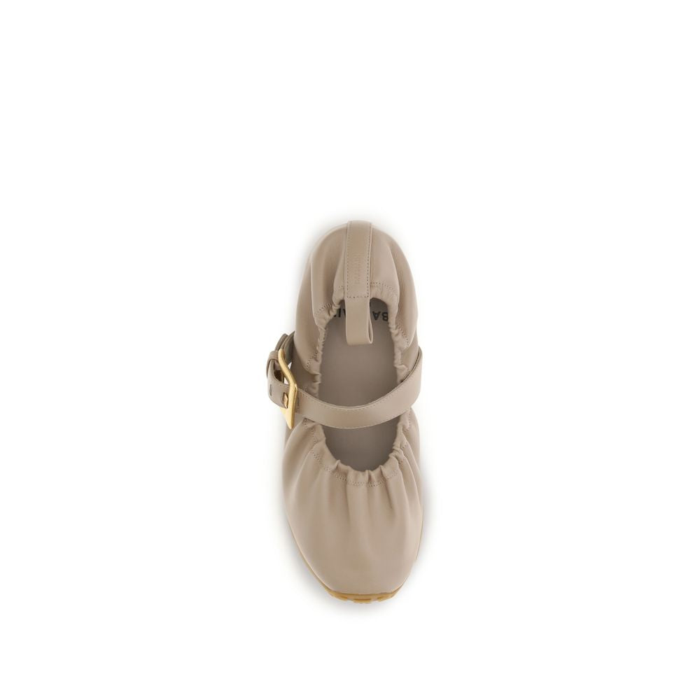 Beige Leather Ballet Flats with Buckle Strap
