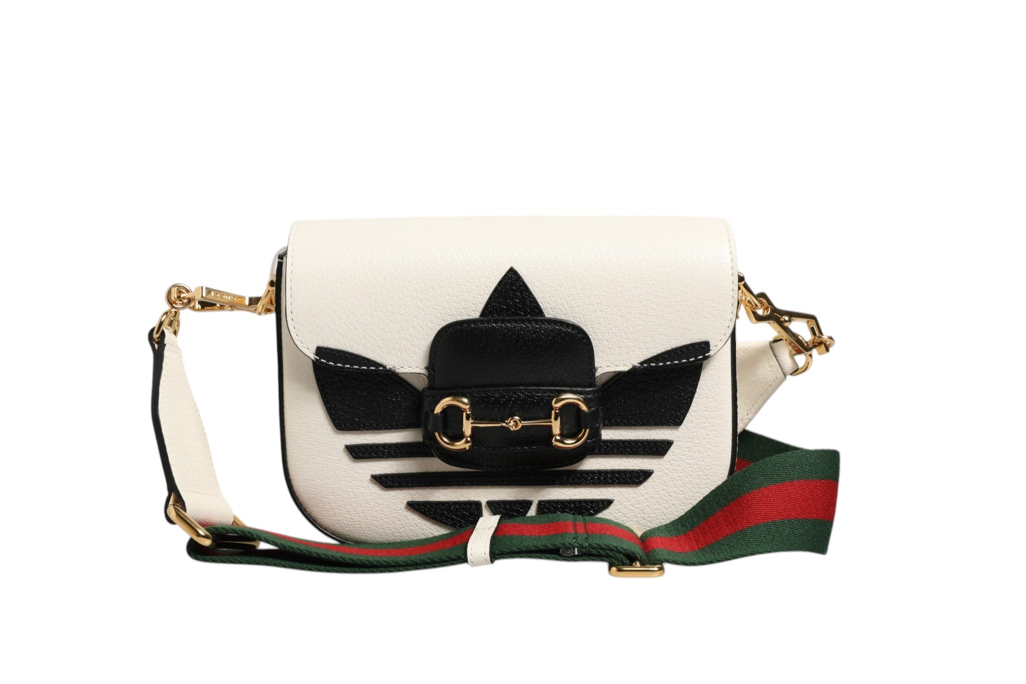 White and Black Leather Gucci x Adidas 1955 Horsebit Shoulder Bag