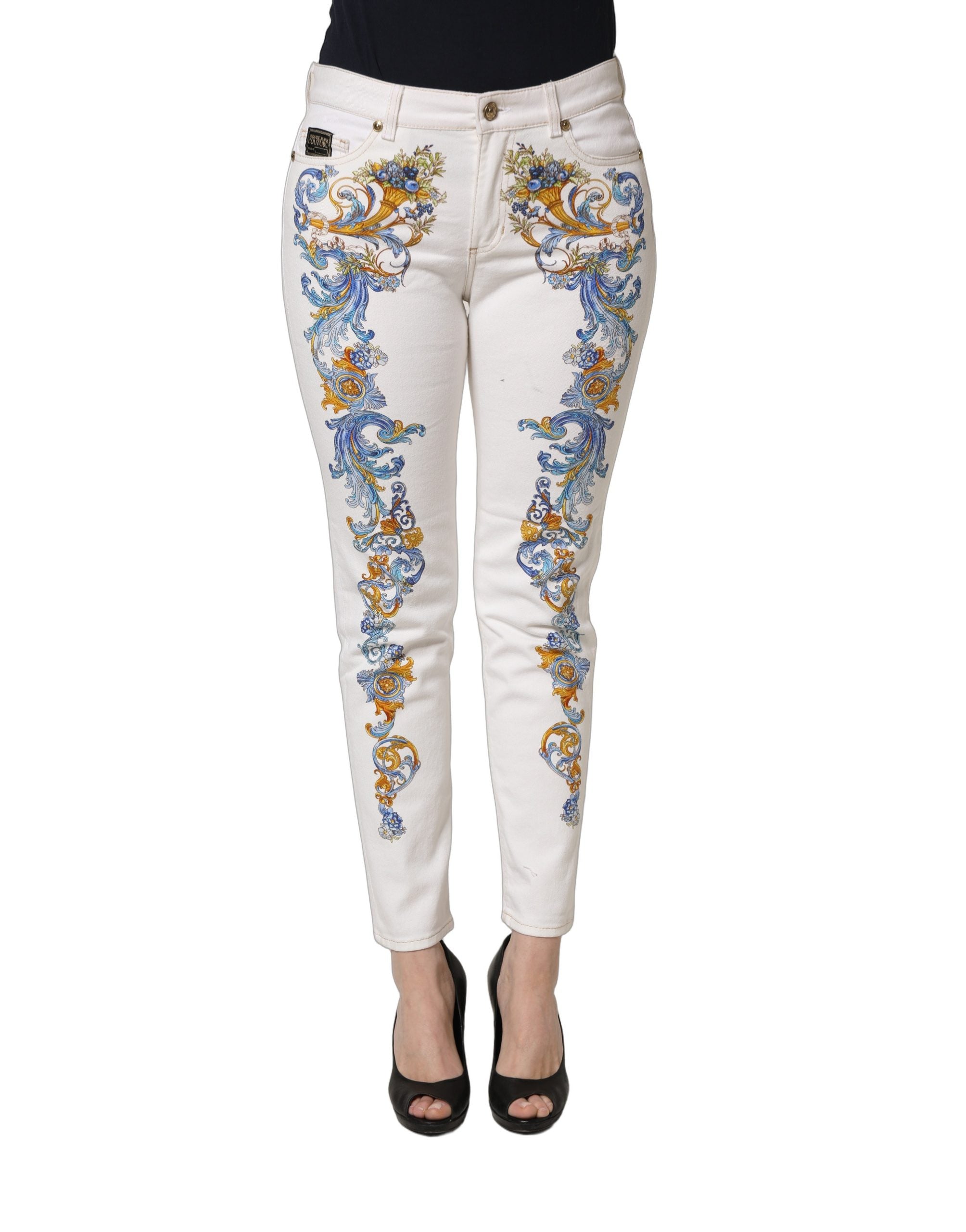 Weiße Skinny-Jeans aus Denim mit Blumenprint von Versace