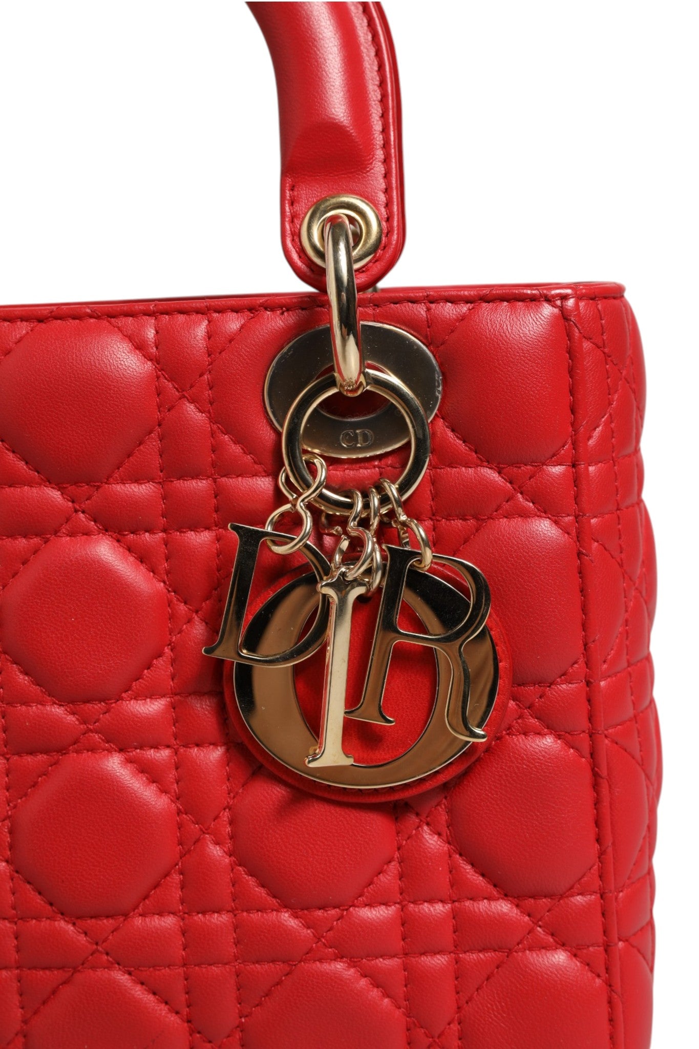 Red Lady Dior Leather Handbag with Strap
