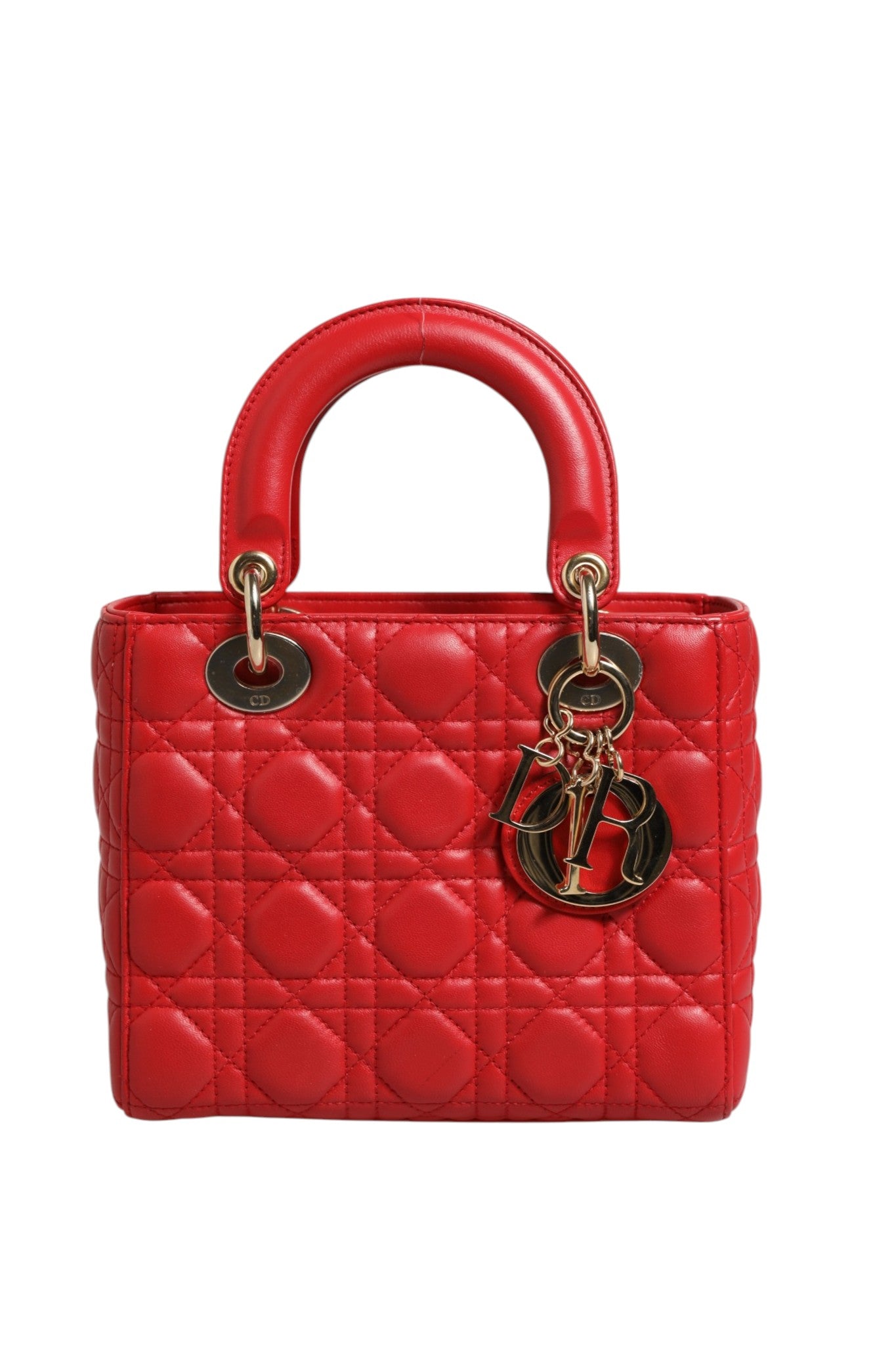 Red Lady Dior Leather Handbag with Strap