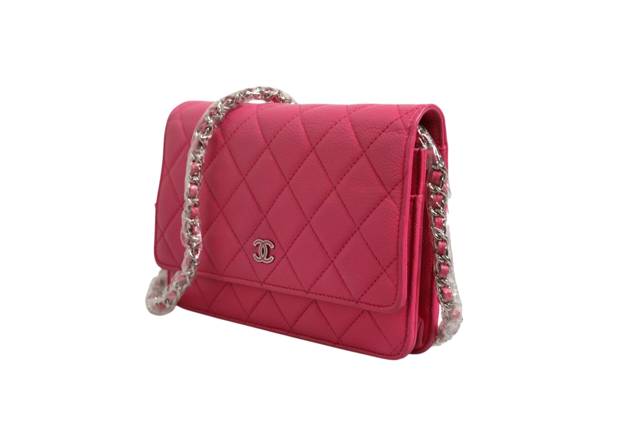 Pink Quilted Leather Wallet On Chain WOC Silver