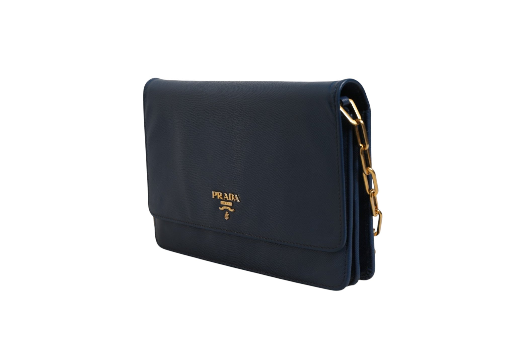 Prada Blaue Saffiano Leder Geldbörse mit Kette Clutch-Tasche