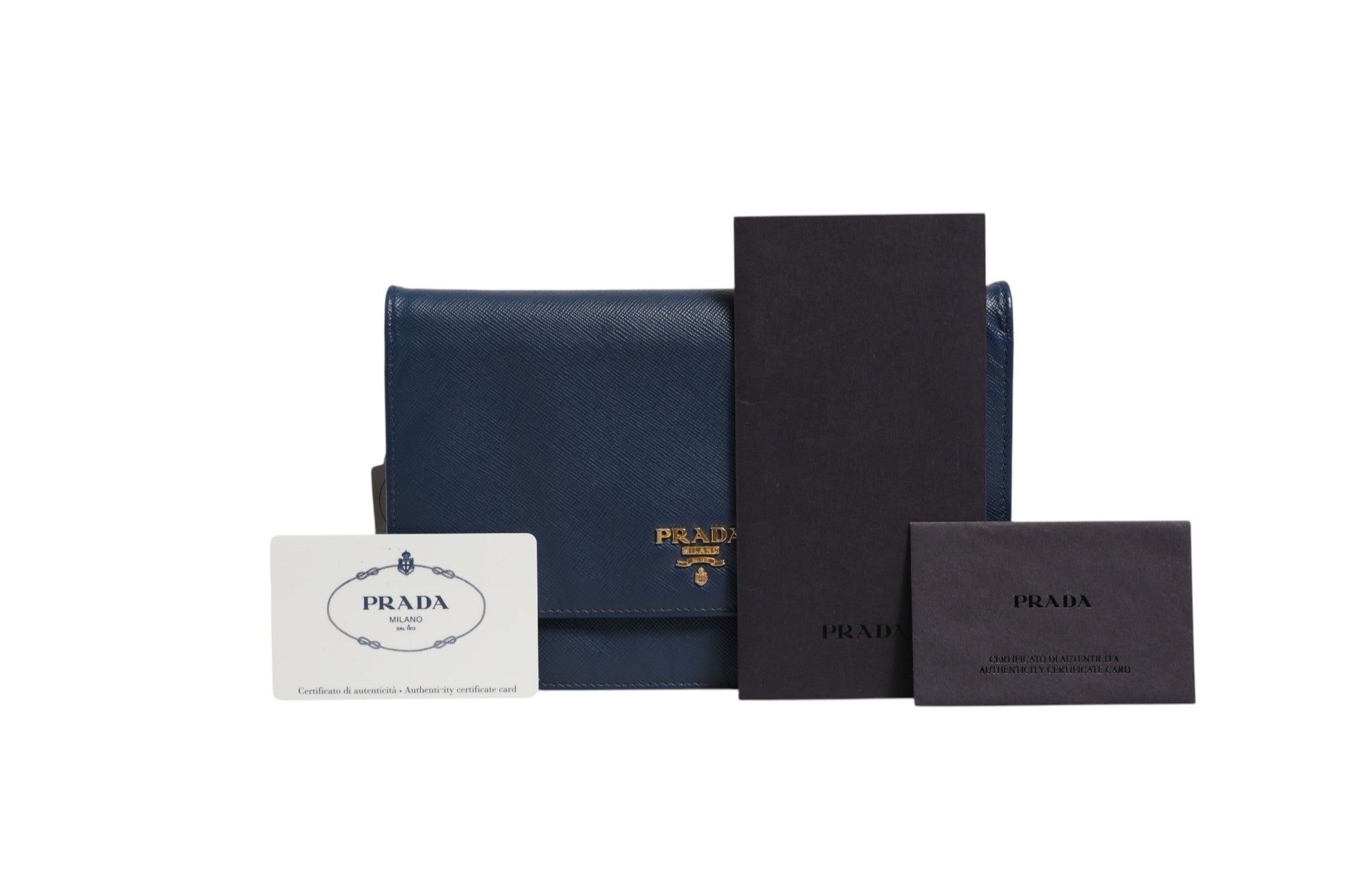 Prada Blaue Saffiano Leder Geldbörse mit Kette Clutch-Tasche