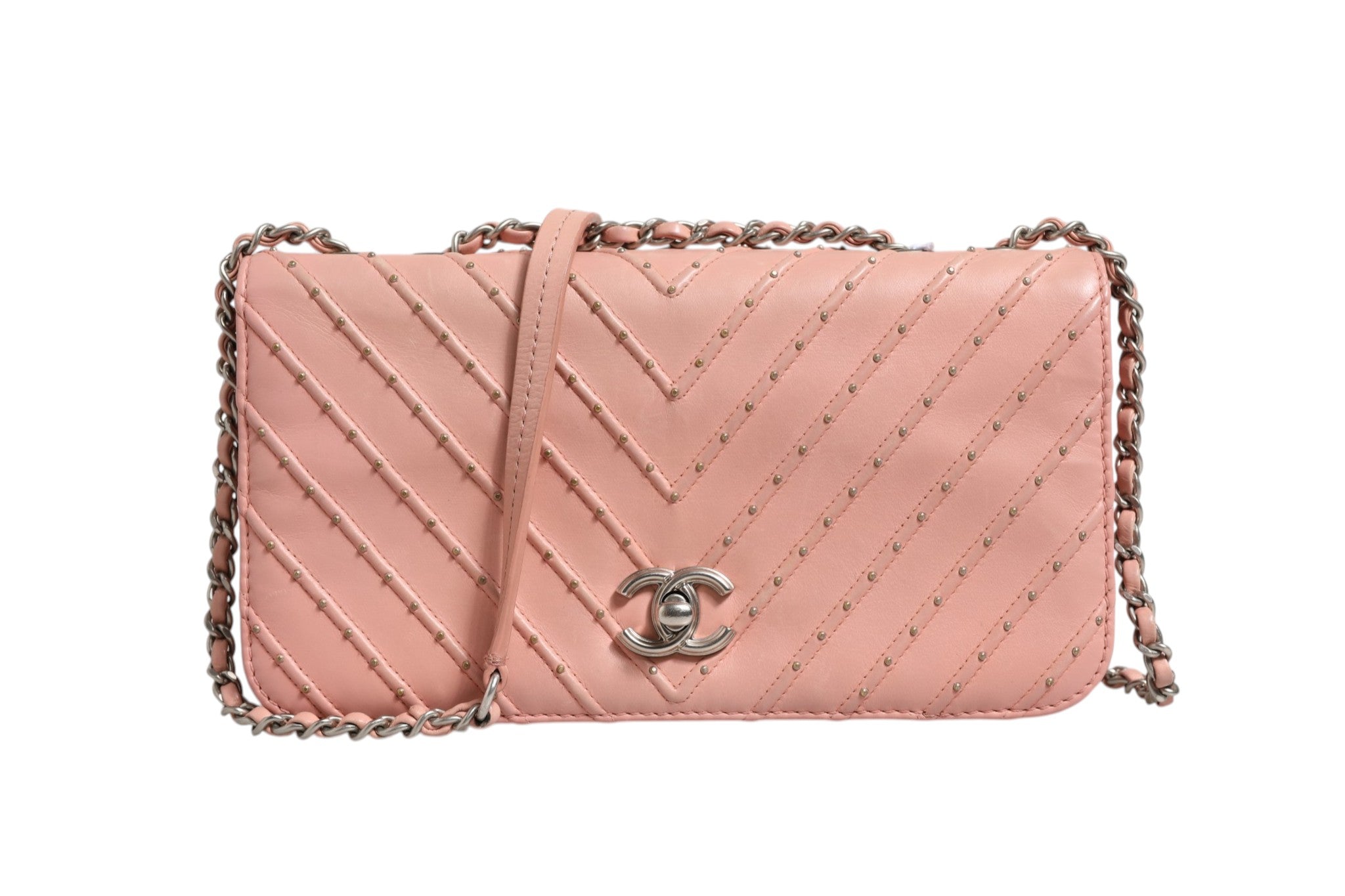 Light Pink Leather Classic Double Flap Bag Chevron
