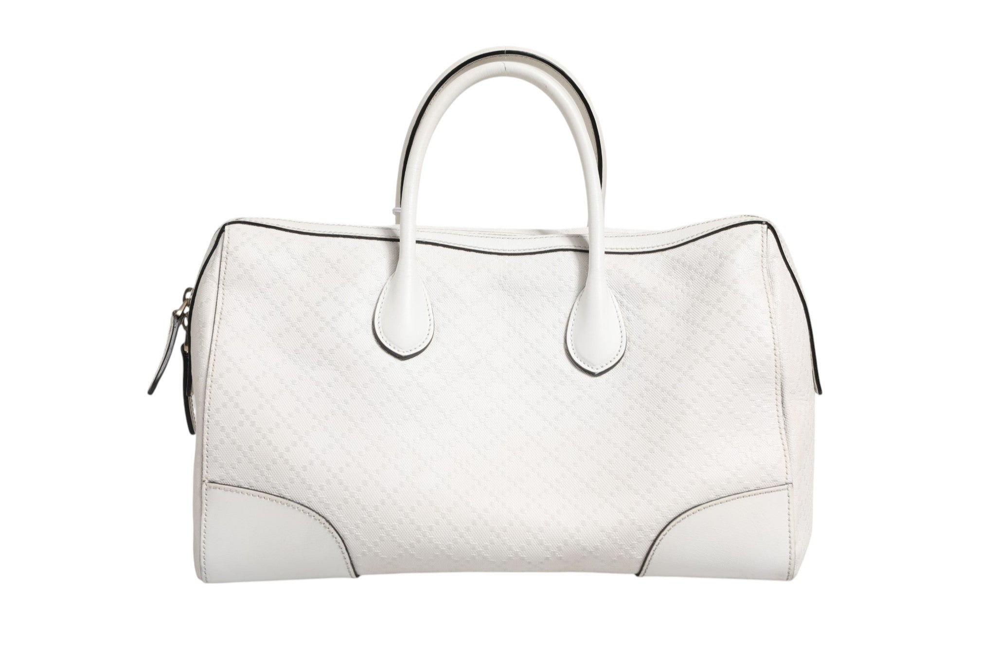 White Leather Boston Bag with Diamante Detail