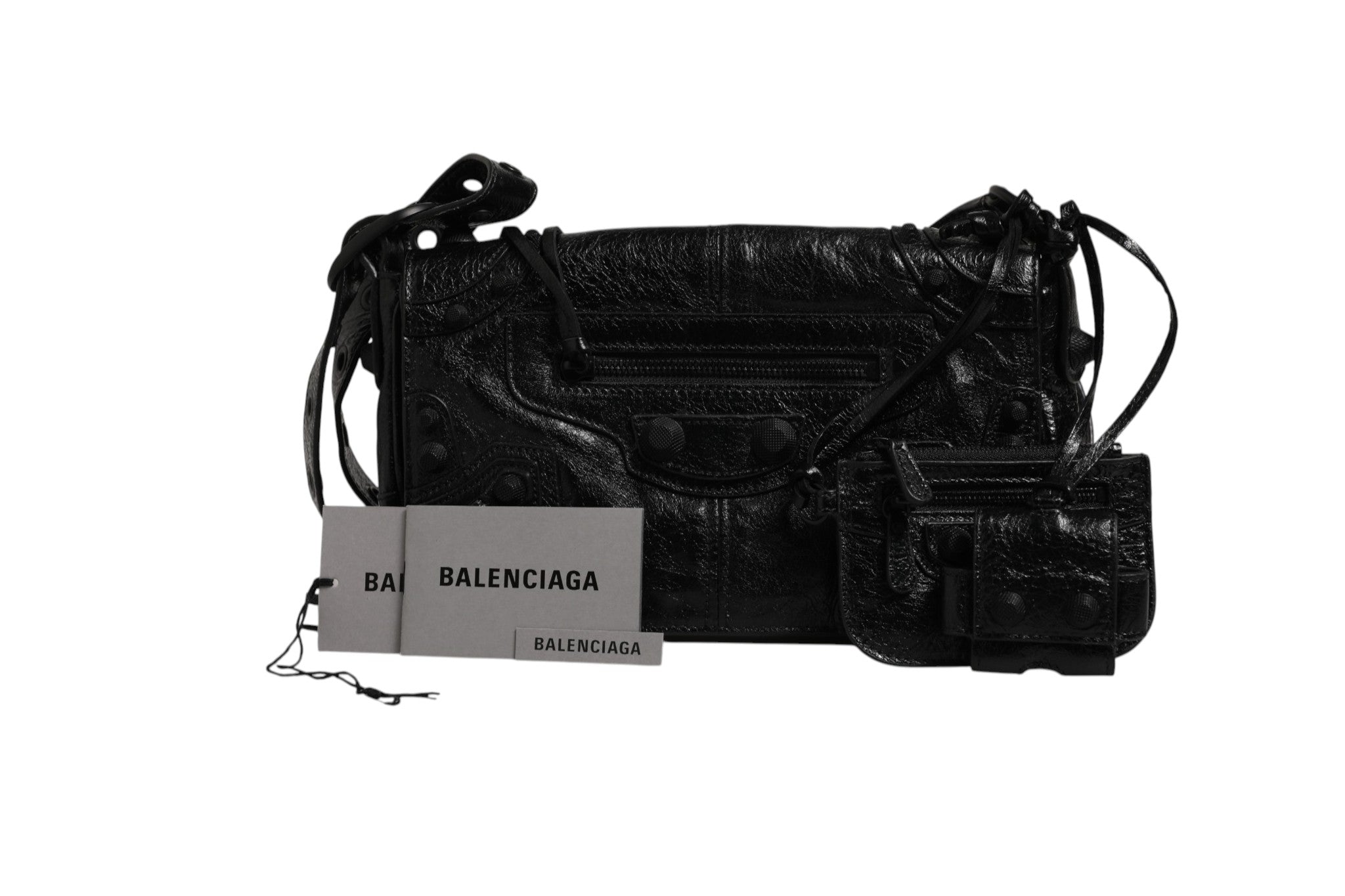 Schwarze Le Cagole XS Leder-Pochette mit Anhänger und Tasche
