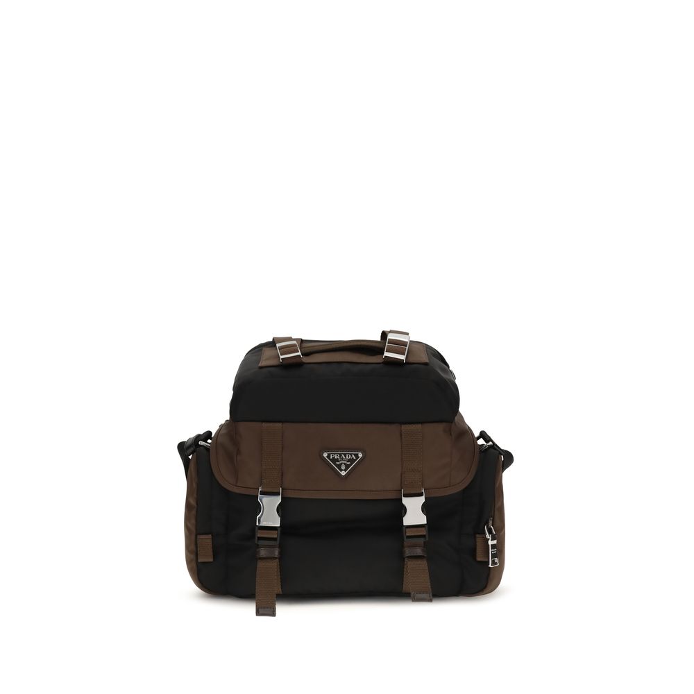 Brown Leather-Trim Synthetic Shoulder Bag