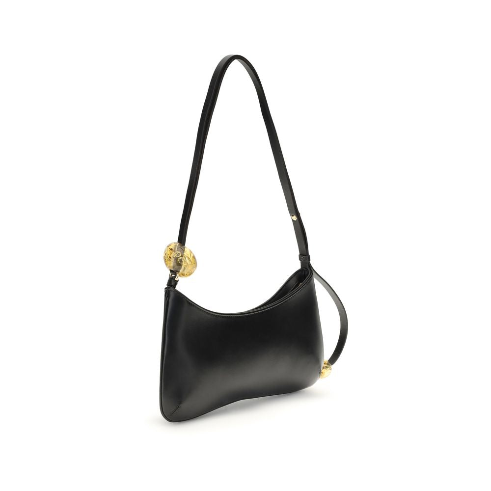Black Leather Shoulder Bag with Pearl Strap