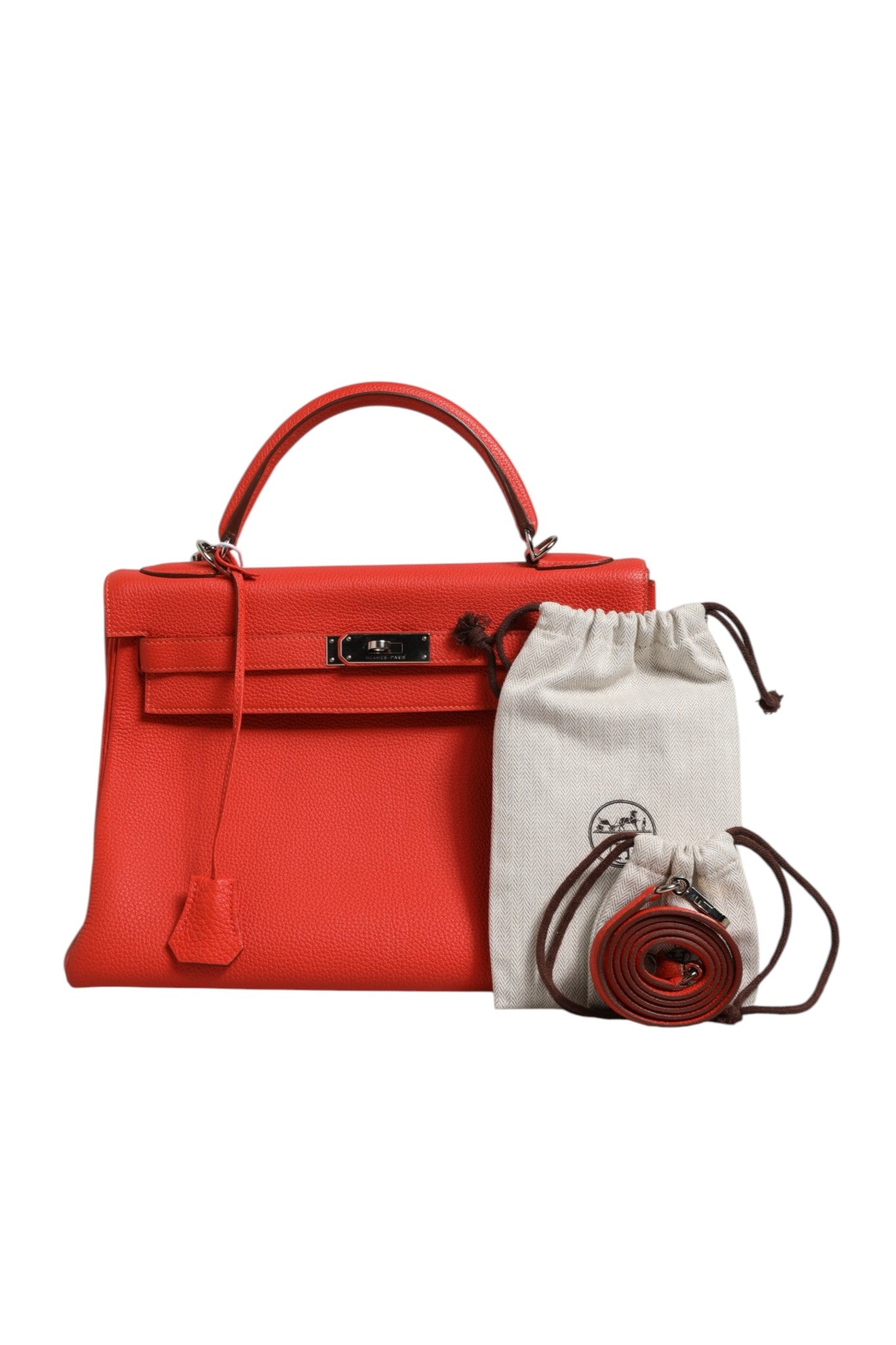 Hermès Orange Kelly 32 Leather Two-Way Handbag Palladium Hardware