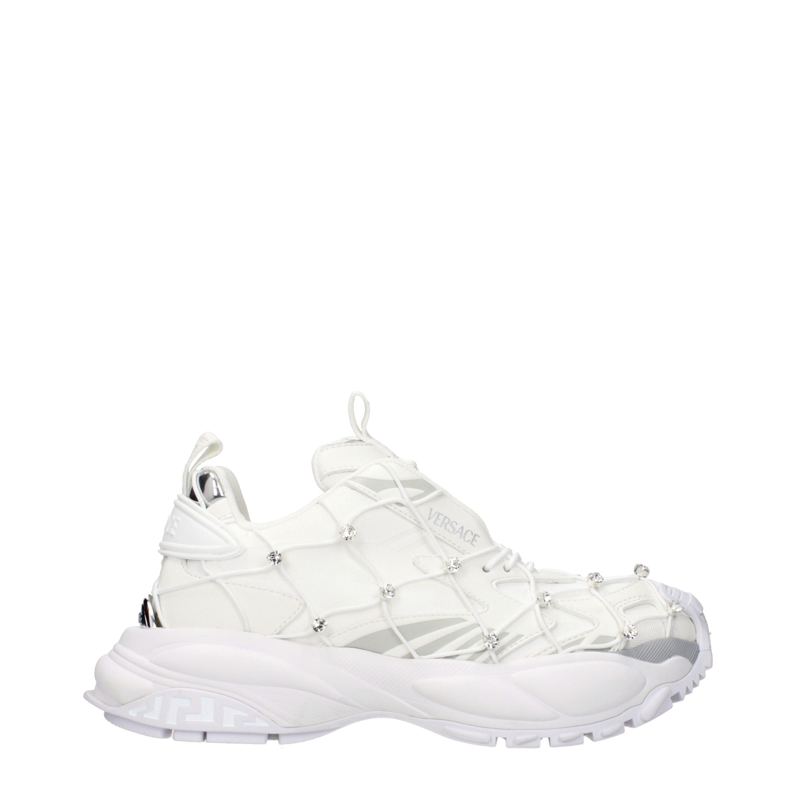 White Synthetic Sneakers with Logo and Rhinestone Embellishments