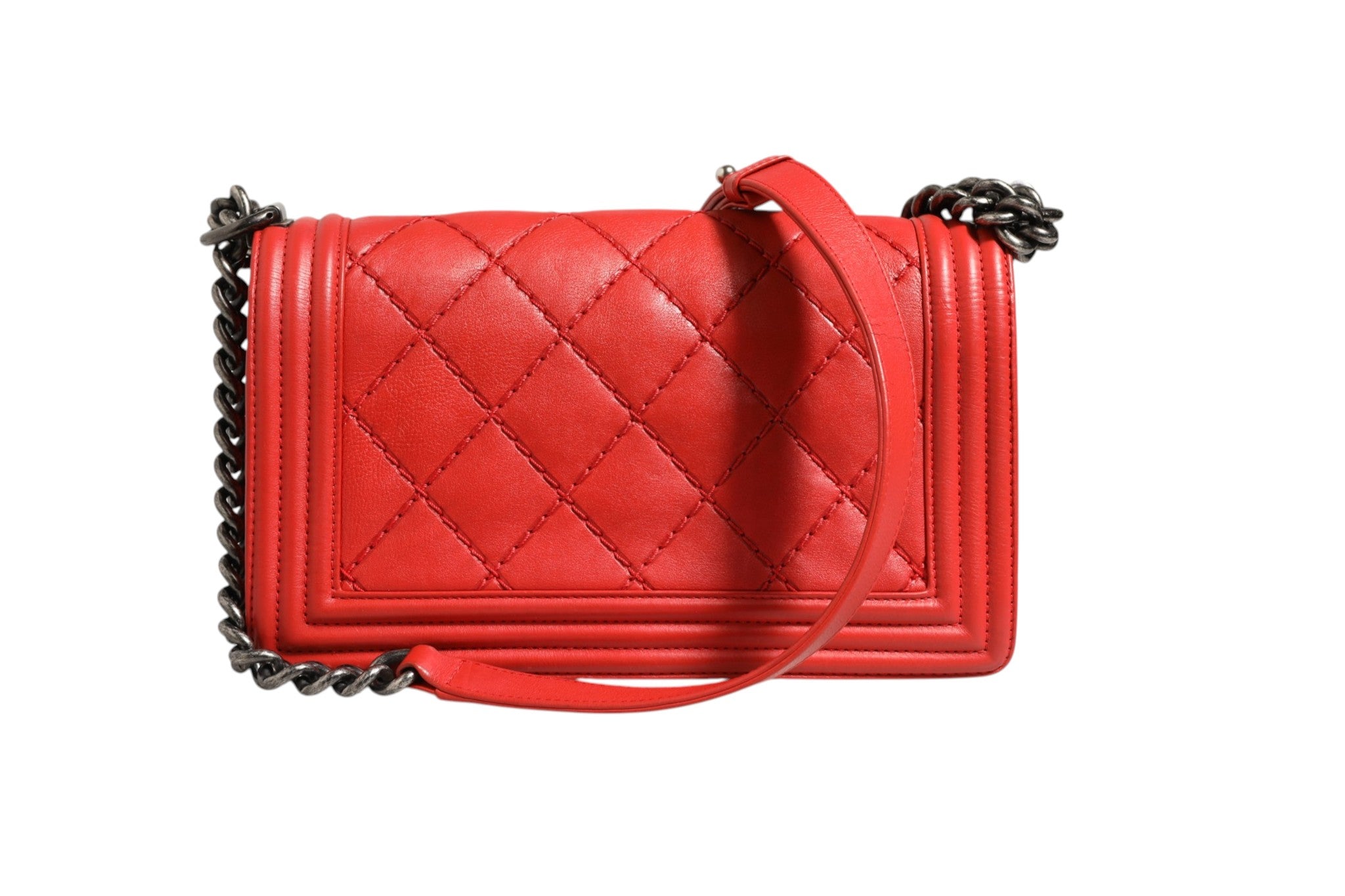 Red Diamond Stitch Medium Boy Leather Bag