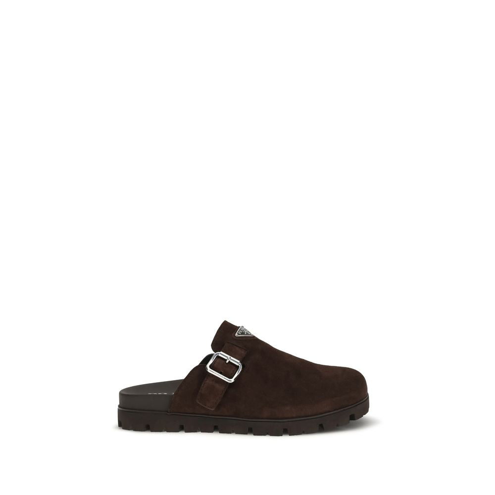 Brown Leather Mules with Metal Triangle Logo